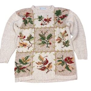Chrysantheme Vintage Embroidered Leaf Patchwork Sweater Beige Ramie Cotton Small